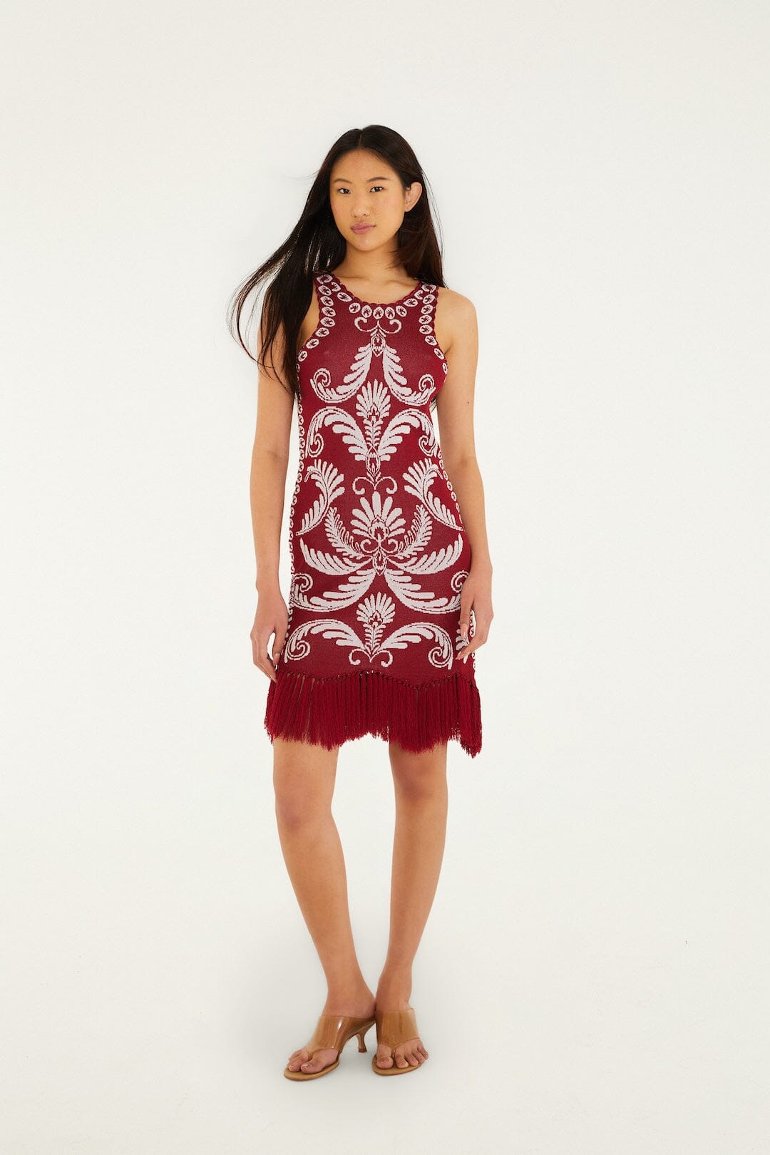 Burgundy Garden Tapestry Fringe Knit Dress, GARDEN TAPESTRY PINK