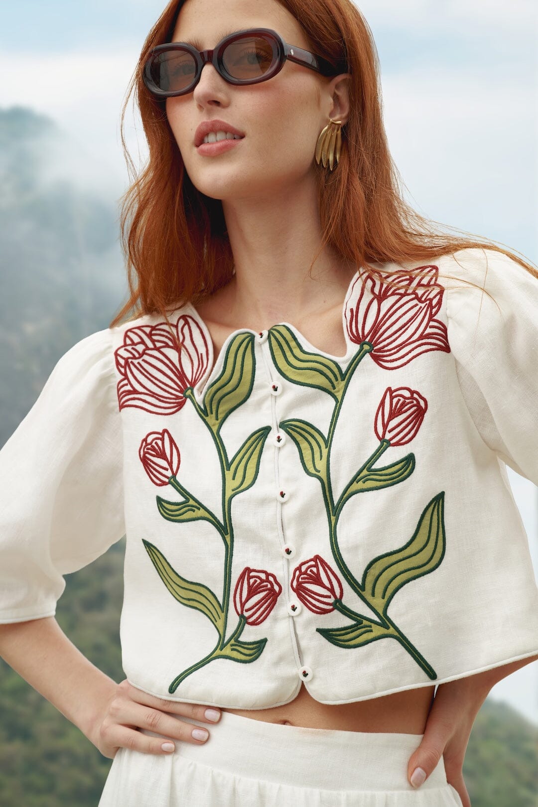Off-White Flower Embroidered Euroflax Premium Linen Crop Top, OFF
