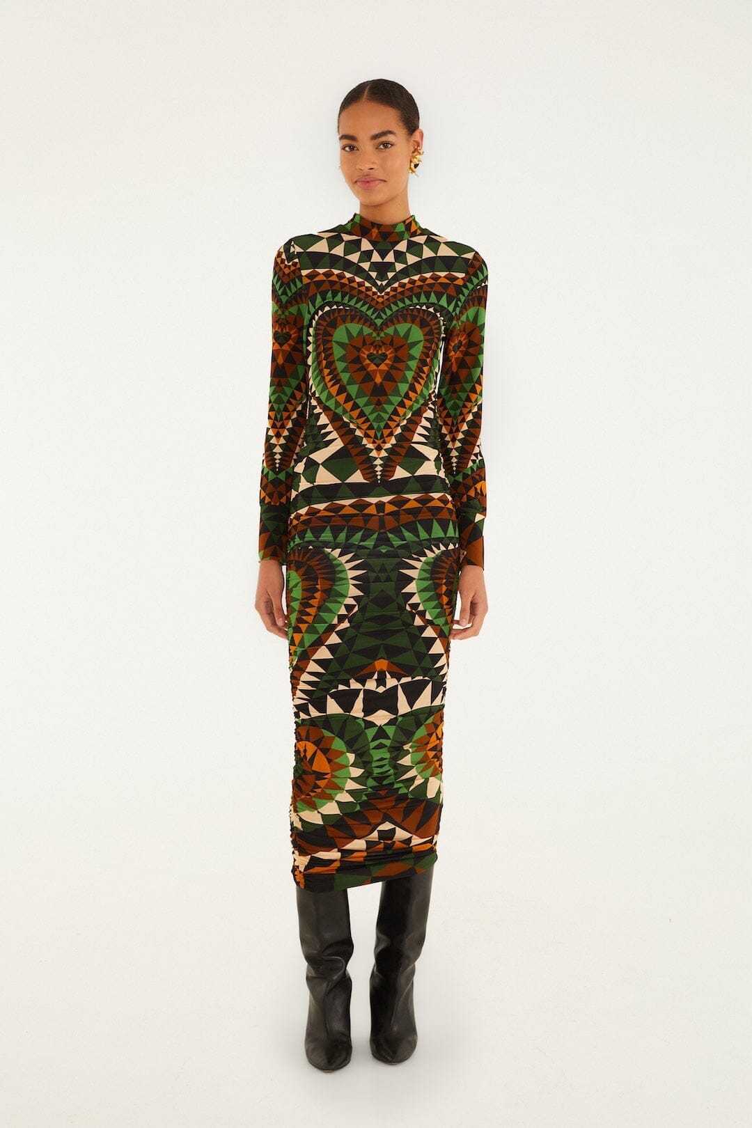 Multicolor Heart Deco Long Sleeve Jersey Midi Dress, HEART DECO GREEN