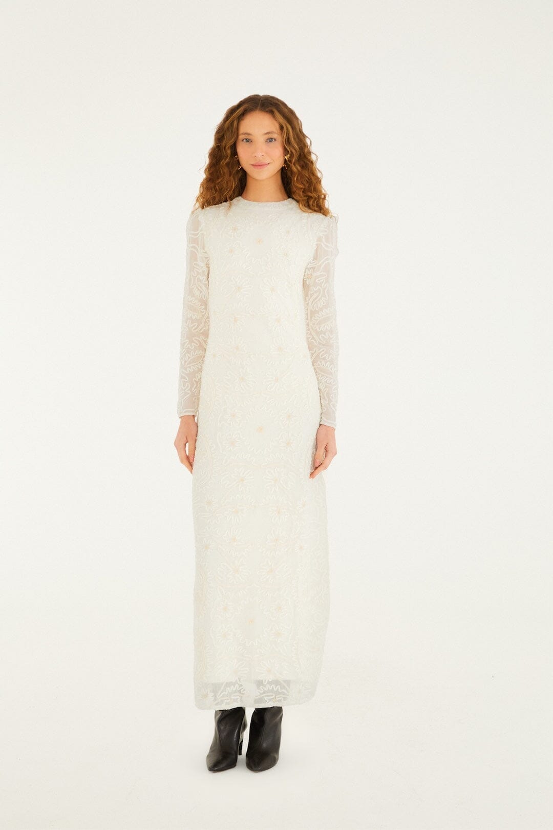 Off-White Embroidered Crew Neck Long Sleeve Maxi Dress, OFF