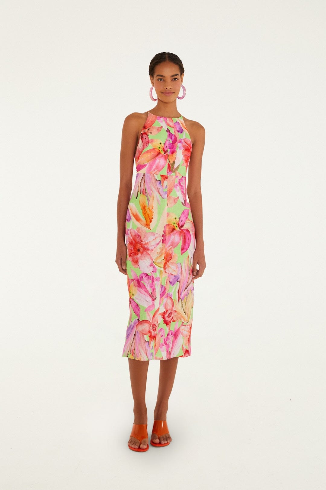 Multicolor Artsy Flora Euroflax Premium Linen Midi Dress, ARTSY FLORA GREEN