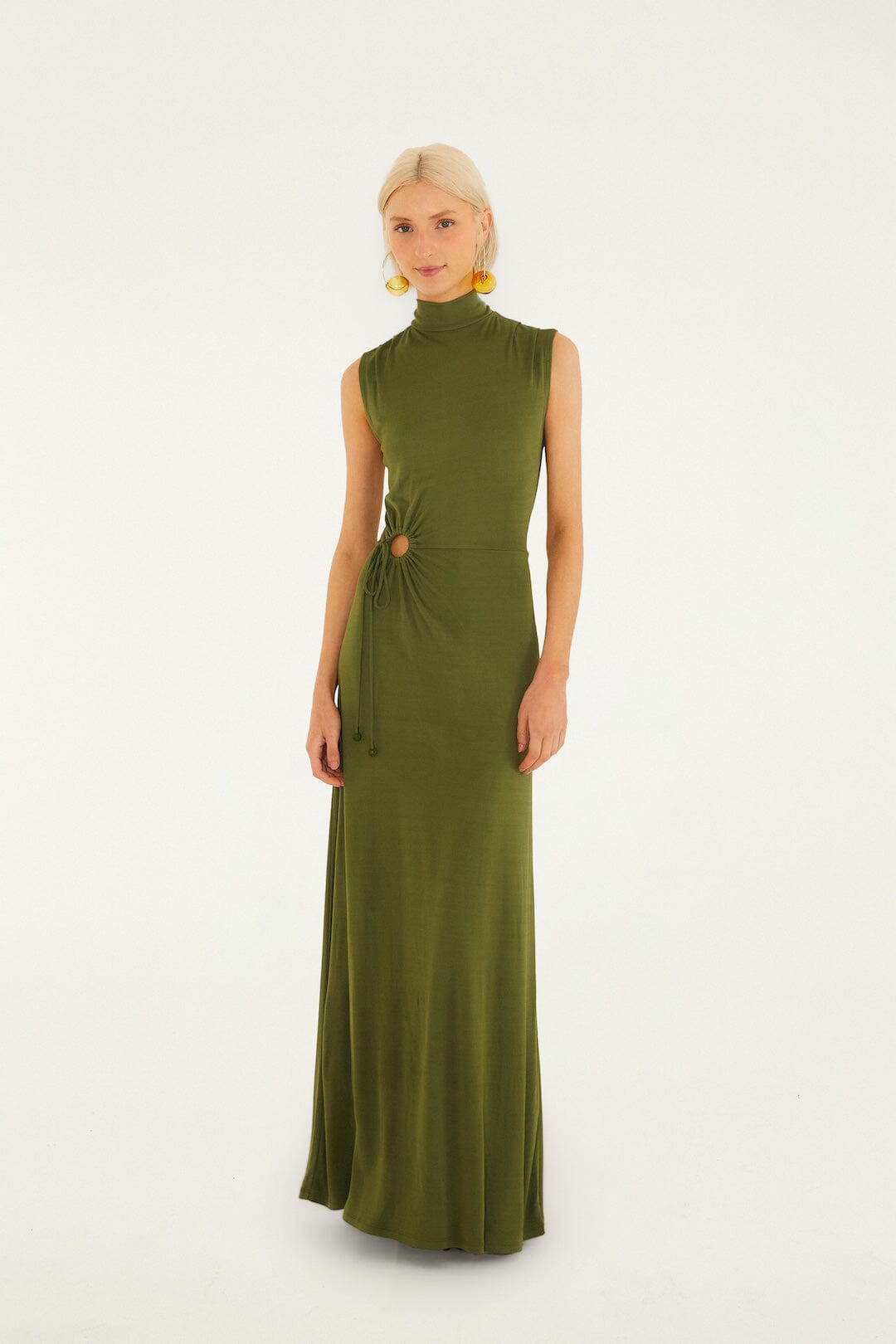 Dark Green High Neck Cut-Out Maxi Dress, DARK GREEN