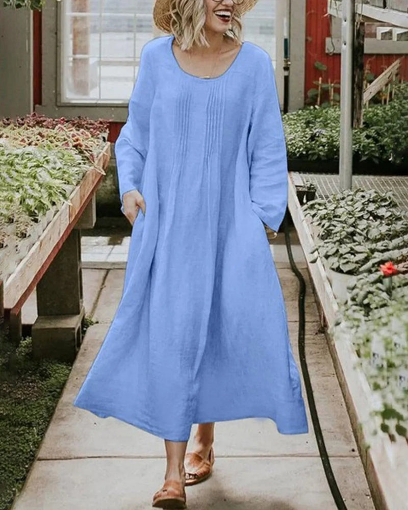 Round Neck Ruched Pocket Solid Long Sleeve Dress - Blue L-