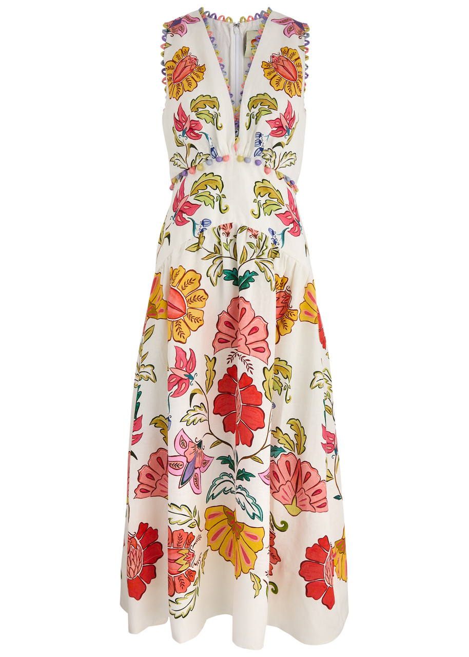 Farm Rio Floral Insects Printed Linen Midi Dress - White - S - S