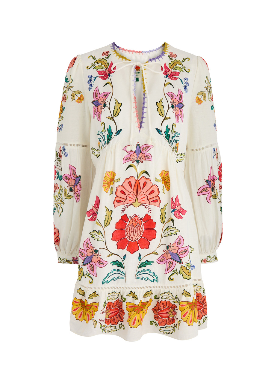 Farm Rio Floral Insects Printed Linen-blend Mini Dress - White - S - S