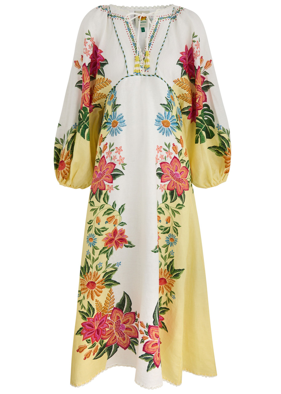 Farm Rio Bloom Garden Printed Linen Maxi Dress - White - L L