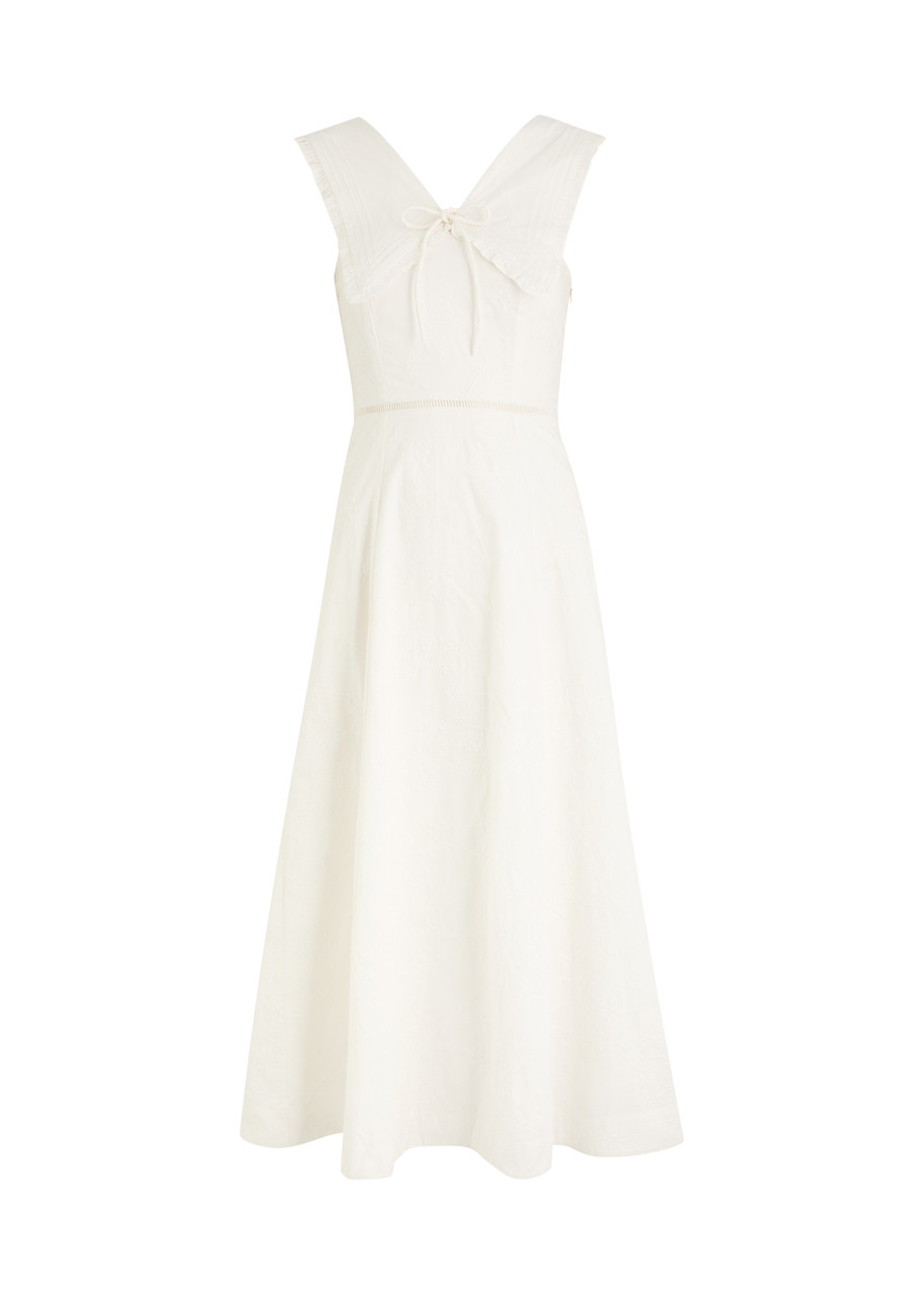 Damson Madder Fan Fan Embroidered Cotton Midi Dress - White - L