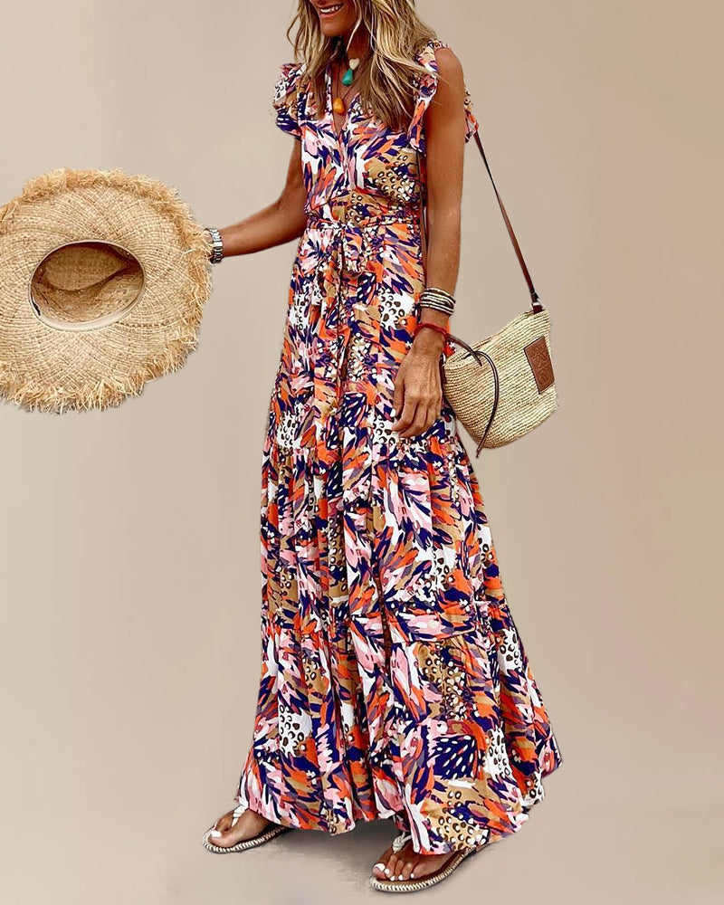 Zeagoo Women's Bohemian Floral Print Daily Holiday Going out V Neck Sleeveless Dress - Orange