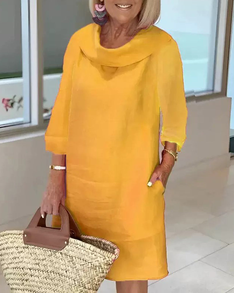 Stitching Round Neck Casual Style Solid Color Long Sleeve Dress - Yellow S-