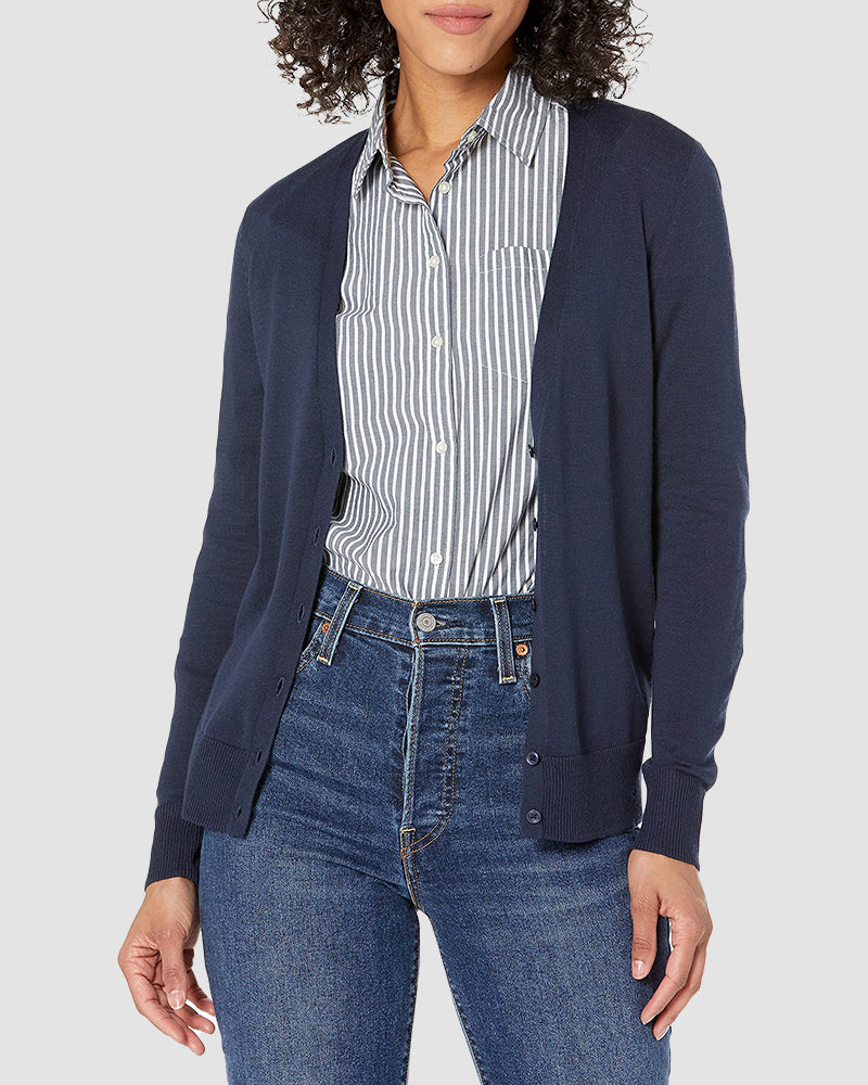 Long Sleeve Choker Top Lightweight Vee Cardigan Sweater - Navy blue