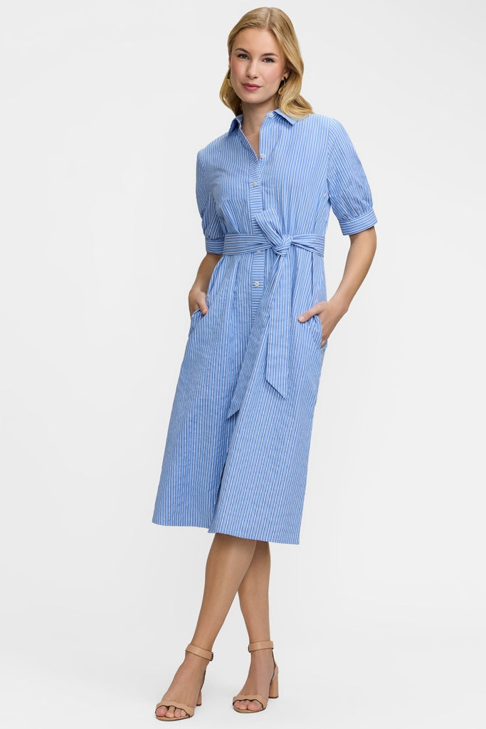 Esther Petite Blue Seersucker Elbow Sleeve Dress