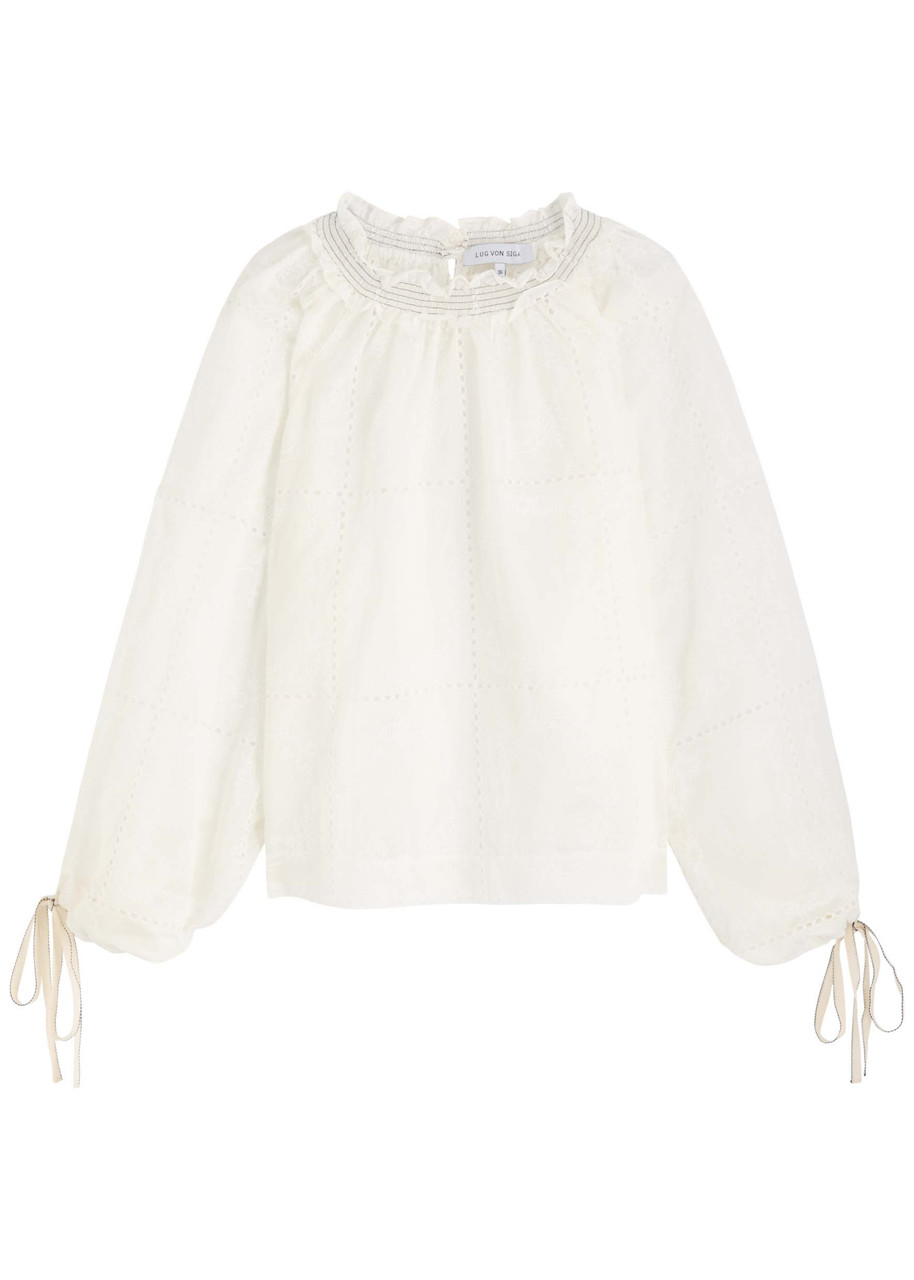 Lug Von Siga Mini Embroidered Semi-sheer Satin Blouse - Off White - S