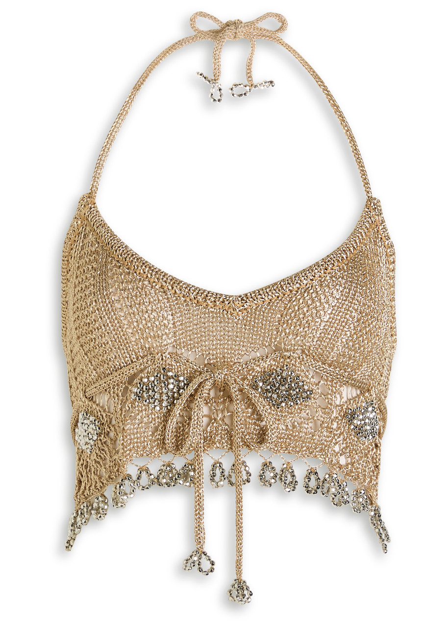 Rabanne Bead-embellished Metallic Crochet Crop top - Gold - S - S
