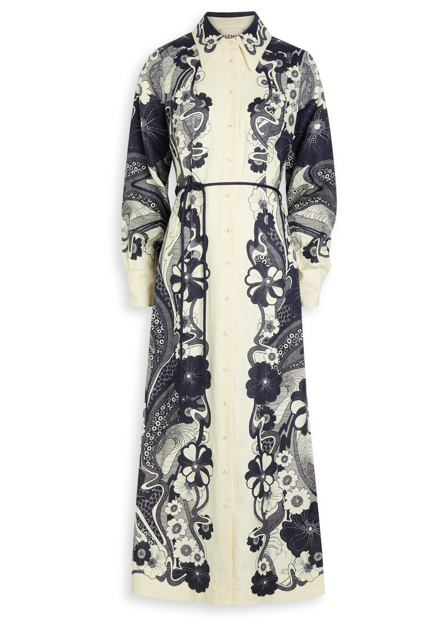 Alemais Mickey Printed Linen Midi Shirt Dress - Navy - S