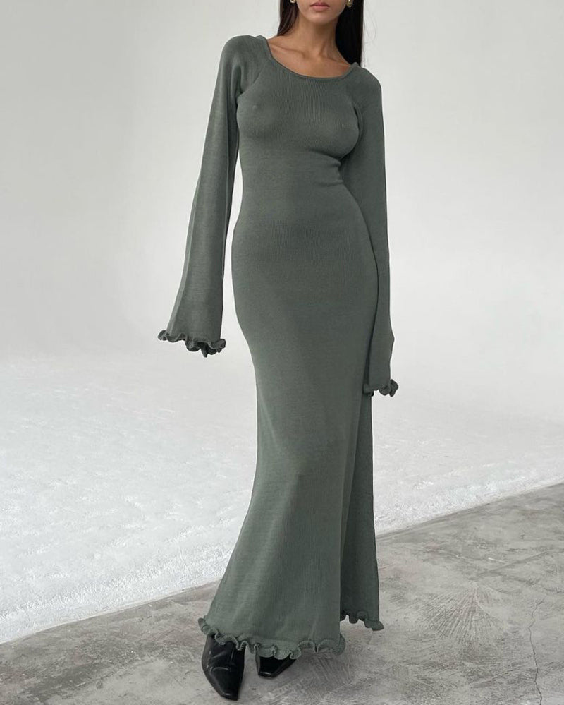 Turndown Collar Button Knit Slim Fit Maxi Dress - Green S