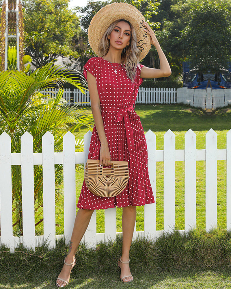 Polka Dot Midi Modest Summer Dress for Women High Waist Short Sleeve with Belt - Wine Red M