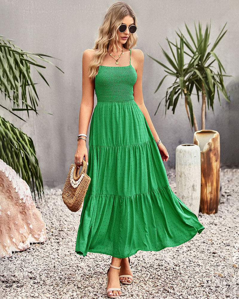 Sleeveless Lace-up Backless Smocked Tiered Maxi Dress Boho Long Beach Sundresses - Green L-