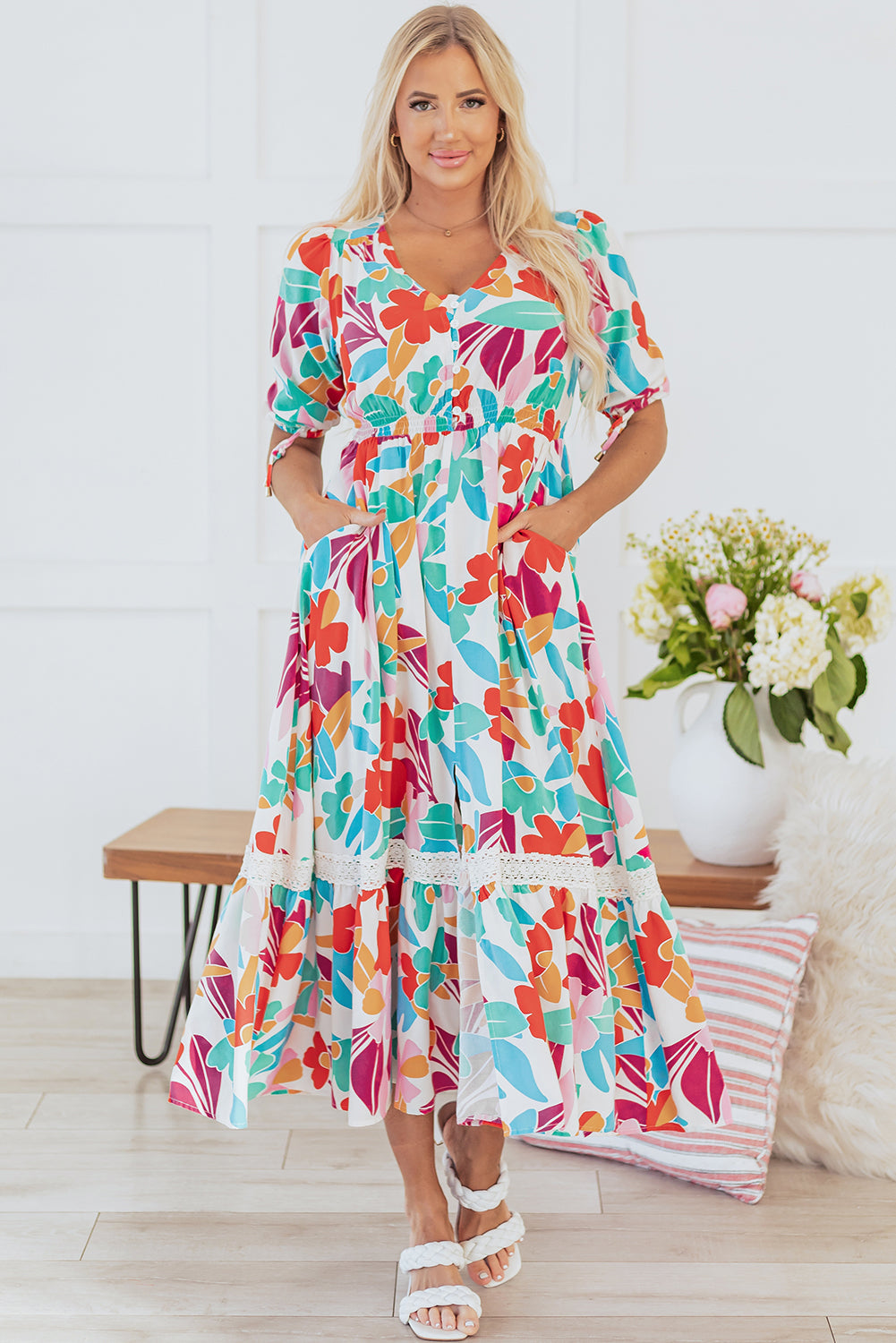 Sky Floral Knot Puff Sleeve Buttoned Front Maxi Dress - Rose Red S - %Viscose