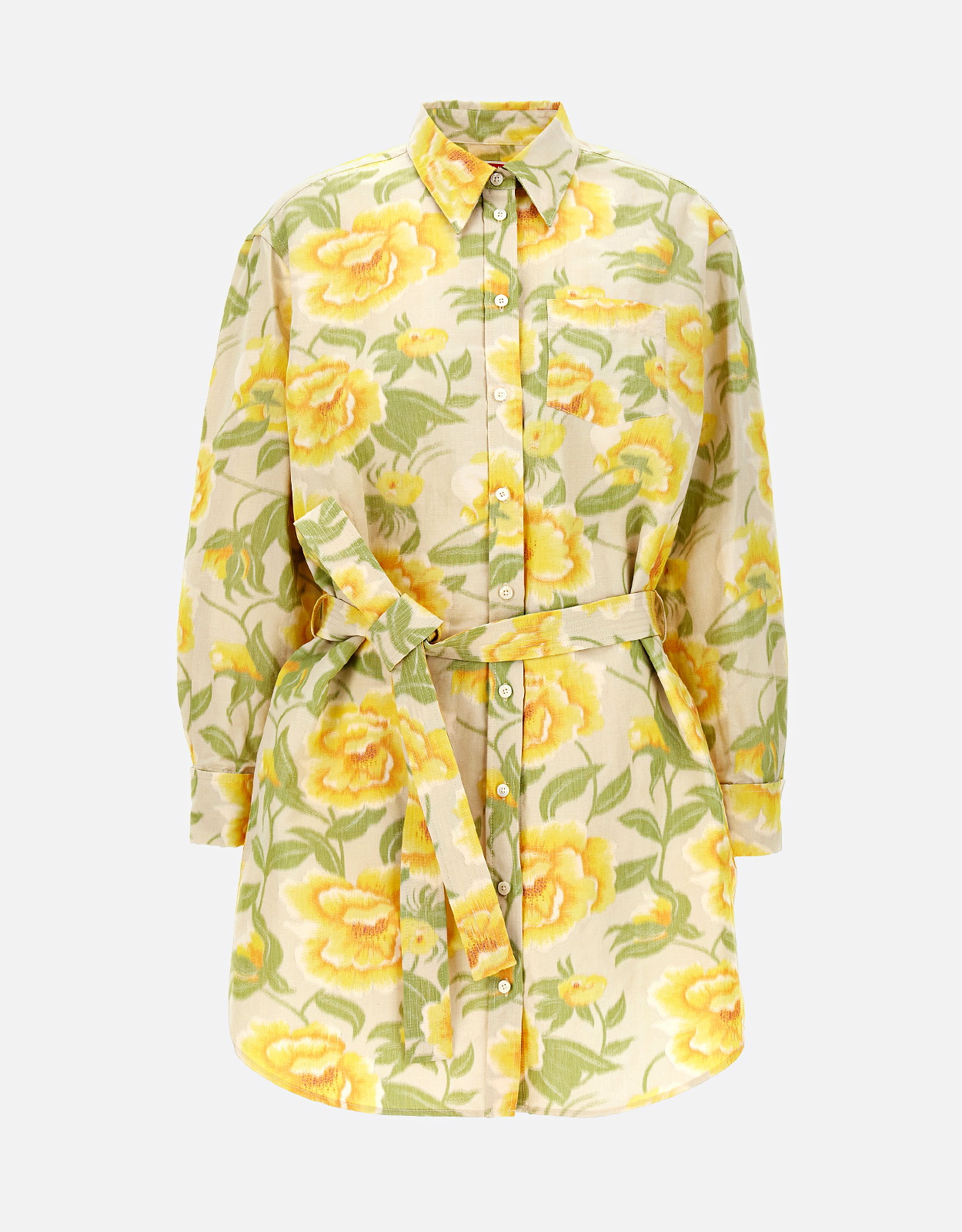 Kenzo Peonies Cotton Linen Kimono Sleeve Shirt Dress