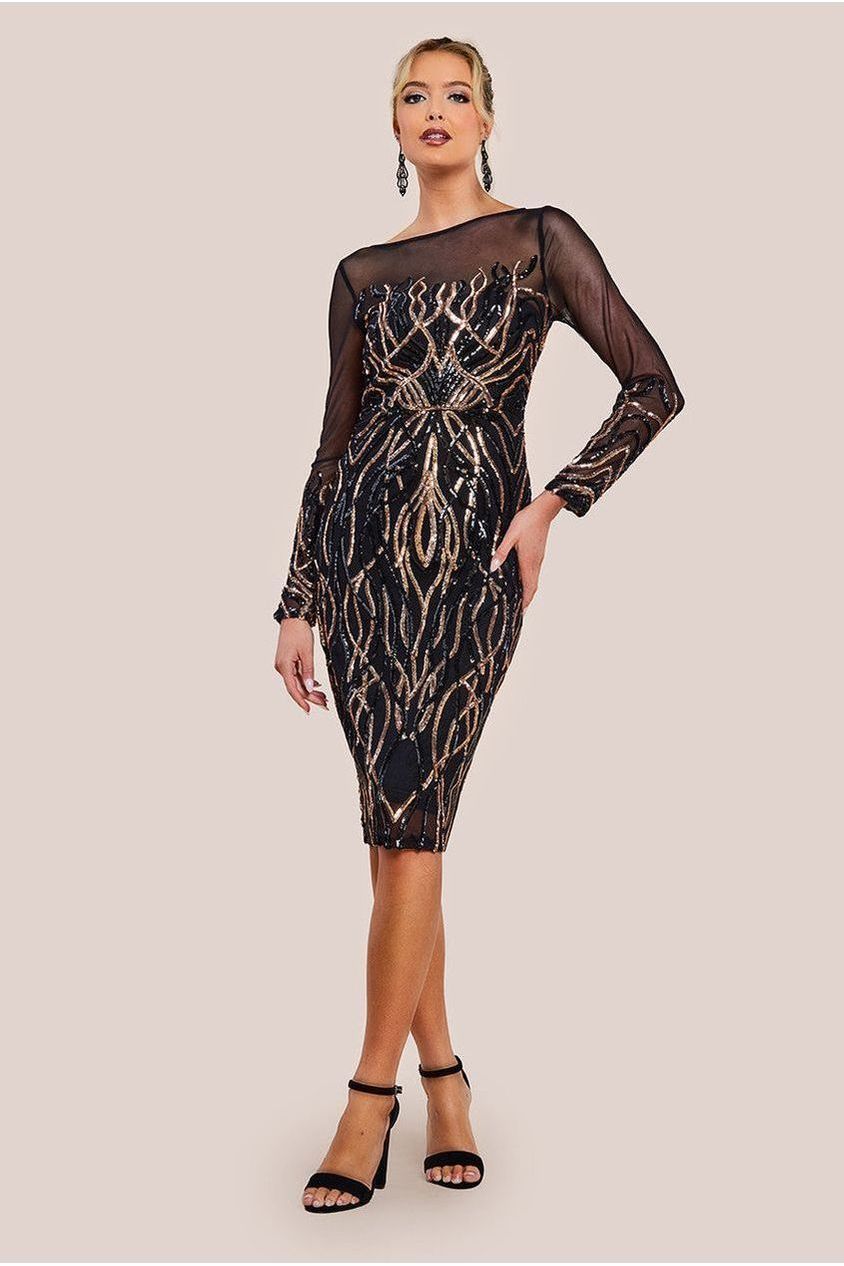 Goddiva Long Sleeve Sequin Flame Midi Dress