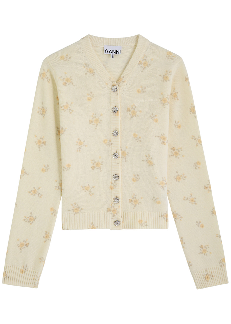 Ganni Floral-printed Wool-blend Cardigan - White
