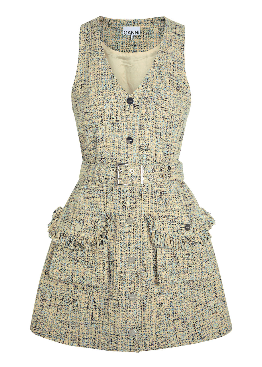 Ganni Belted Tweed Mini Dress - Blue - X