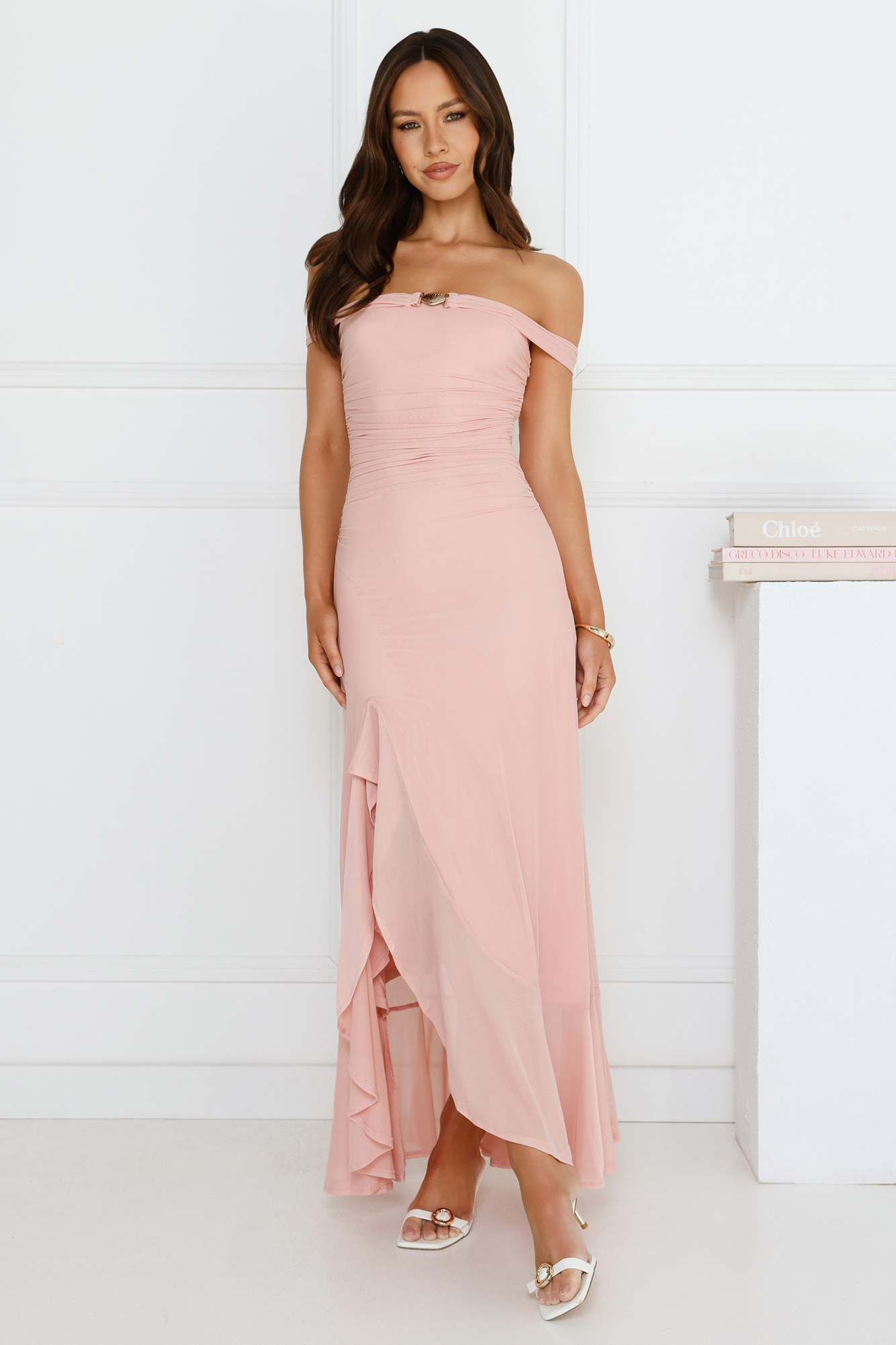 Sprinkle Spark Off Shoulder Mesh Maxi Dress Pink