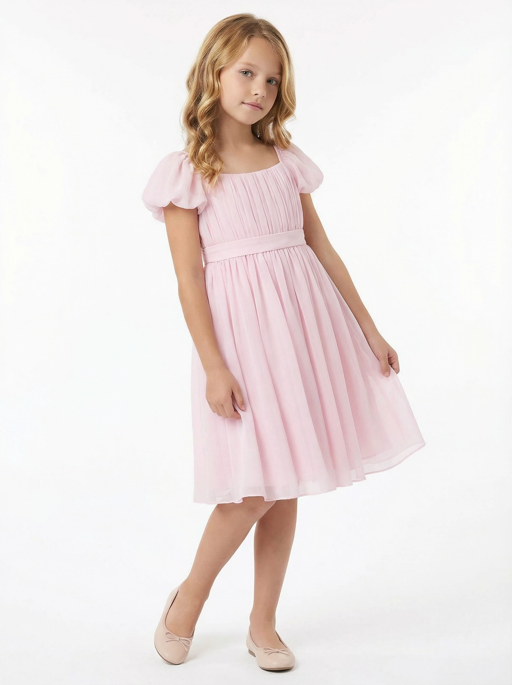 Chiffon A Line Flower Girl Dress with Square Neck Puff Sleeves and Pleated Midi Skirt - pink