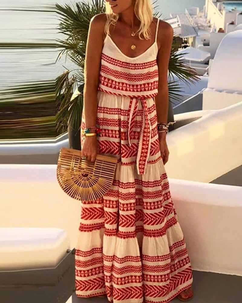 Strap Stripe Print V Neck Boho Long Maxi Dress Summer Flowy Tie Waist Beach Sundress - Red S