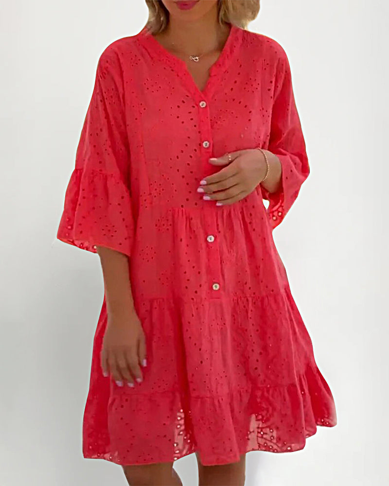 V-Neck Sleeve Loose Embroidered Hollow Out Plus Size Blouse Dress - Red L-