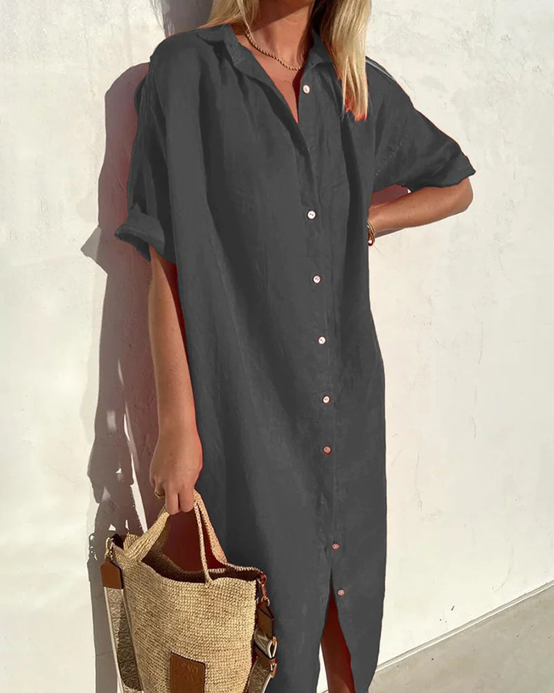 Turn-Down Collar Short Sleeve Single Breasted Loose Shirt Dress Solid Color Summer Beach Dresses - Dark Grey
