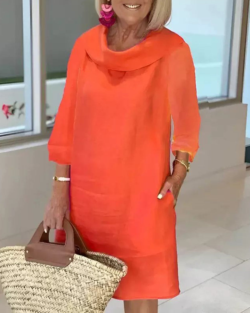 Stitching Round Neck Casual Style Solid Color Long Sleeve Dress - Orange