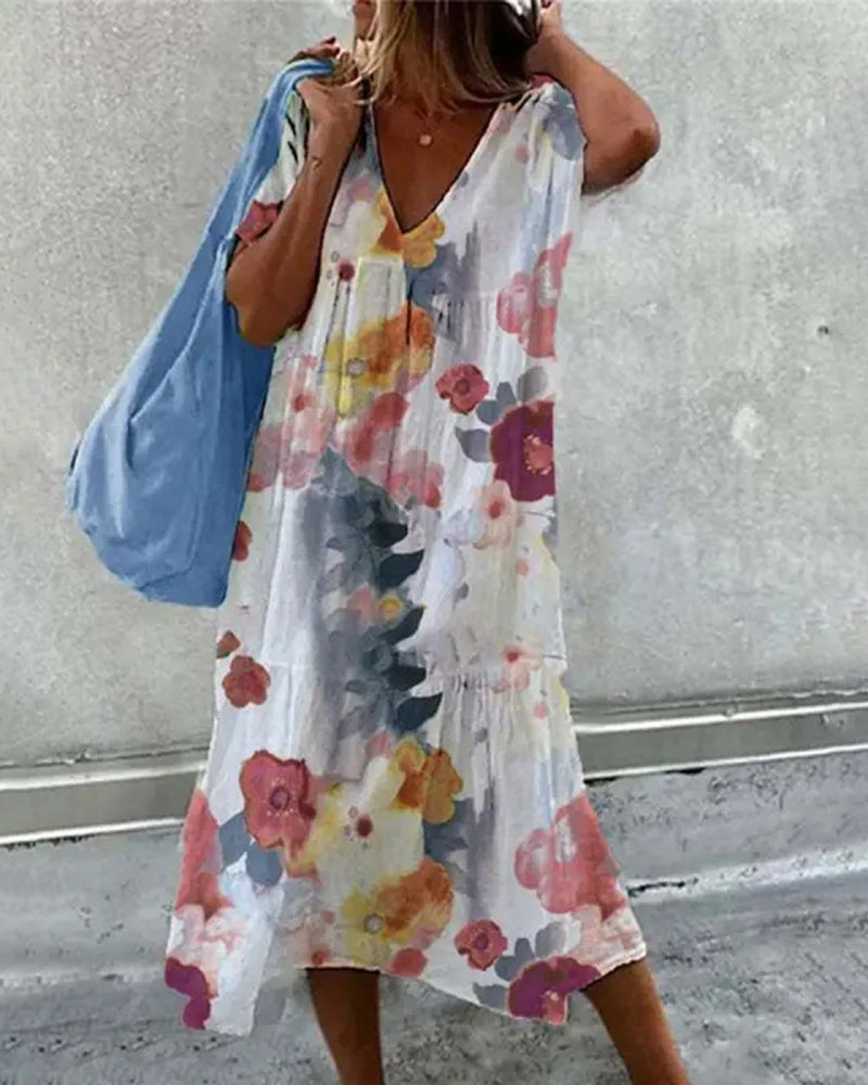 Zeagoo Women's Baggy Floral Print Swing Midi Dress Short Sleeve Casual Beach Sundress - Pink S