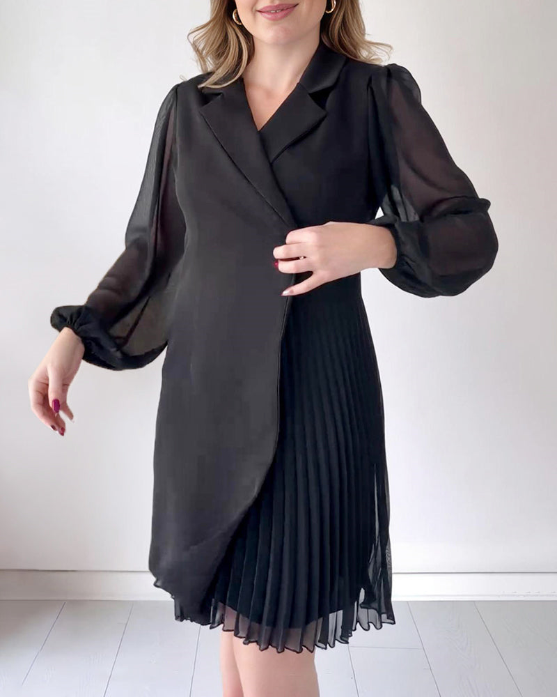 Solid Color Lapel Pleated Blazer Dress - Black S