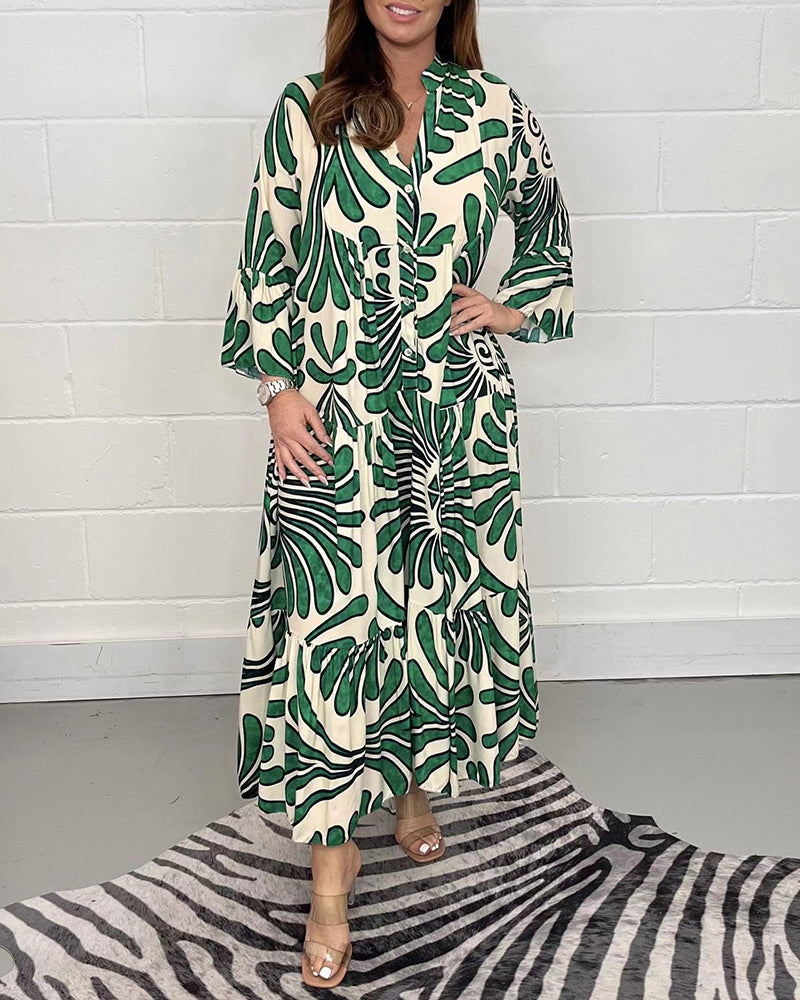Printed Shirt Dresses V-Neck Three Quarter Sleeves Midi Dress - Green