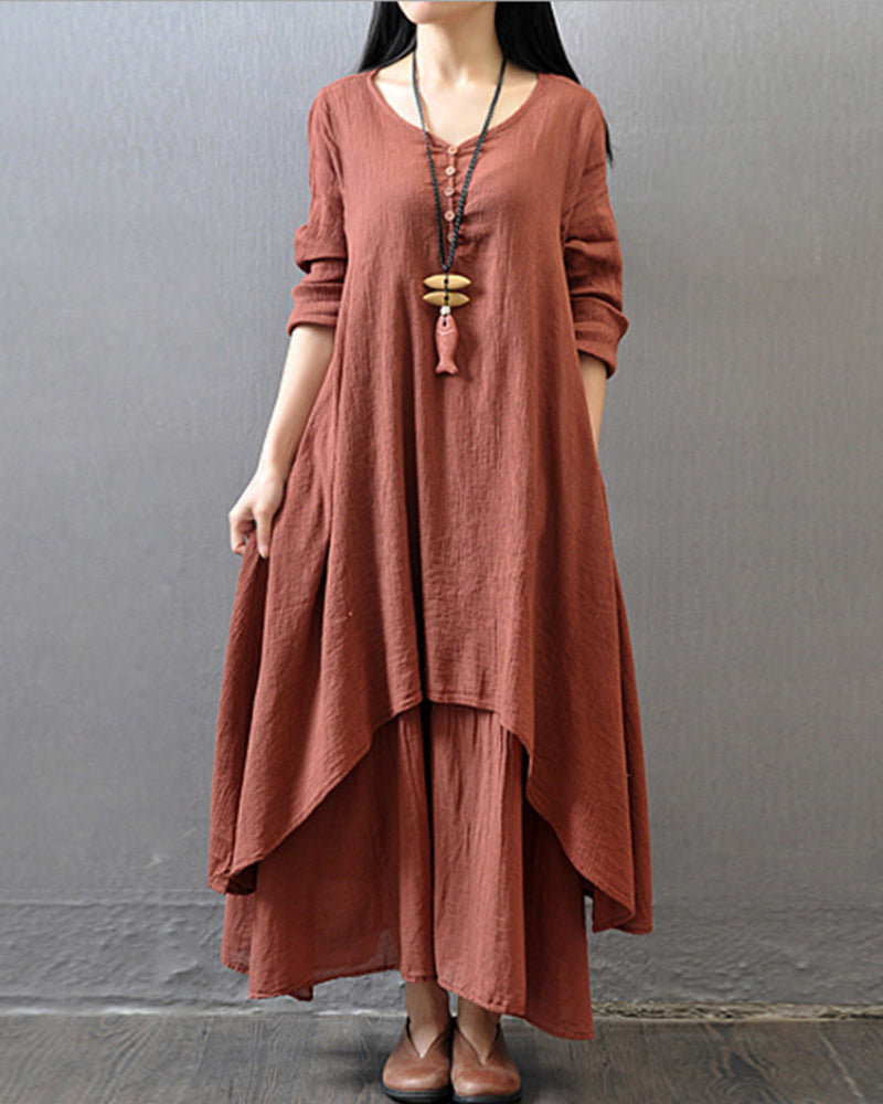 Loose Boho Cotton Maxi Kaftan Dress Layer Casual Long Tunic Dress - Caramel L-
