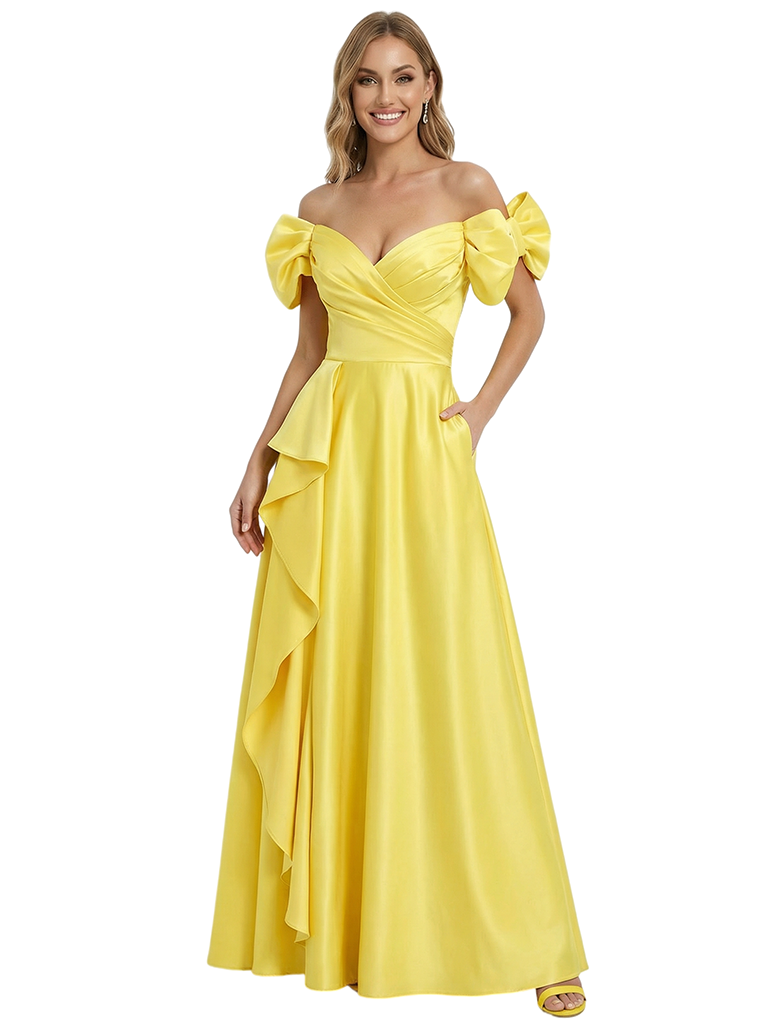 Glamorous Off the Shoulder Ruffles A-Line Formal Dress with Bow Sleeves - Custom Colorleaving a note