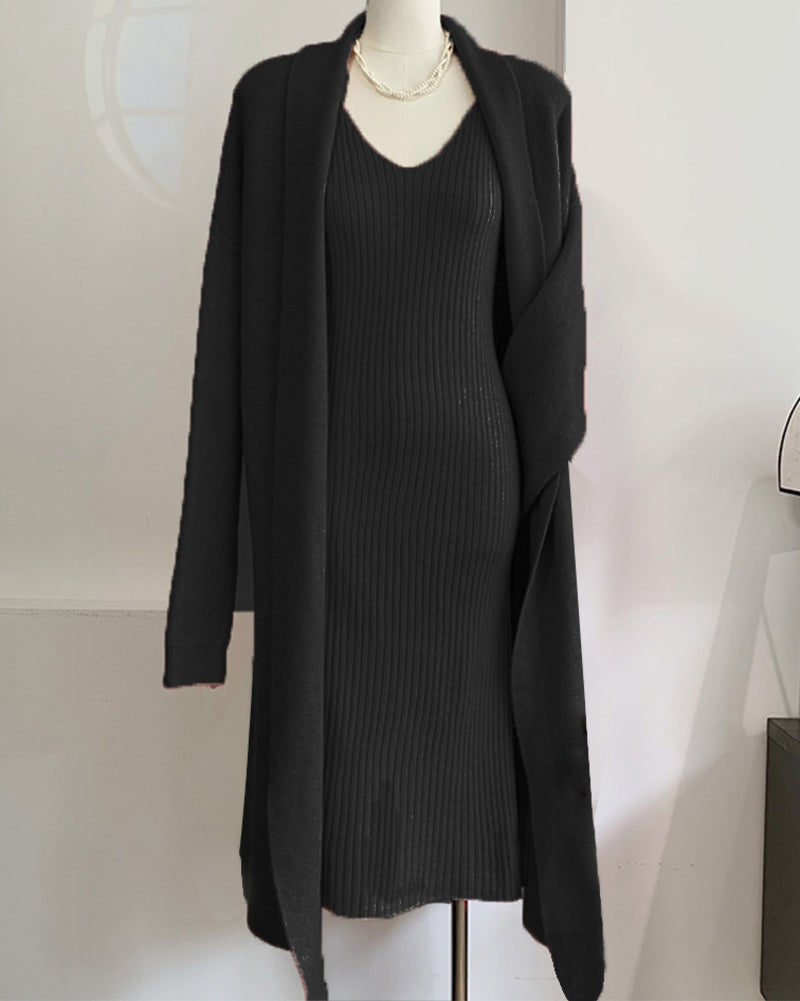 Zeagoo Women's Casual Knitted Cardigan And Sweater Dress Two-Piece Set - Black S