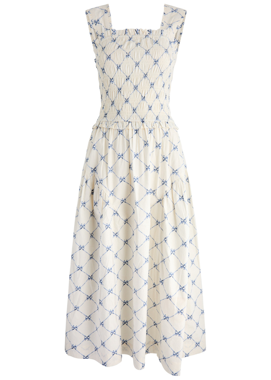 Damson Madder Violet Printed Cotton-poplin Midi Dress - White And Blue - M
