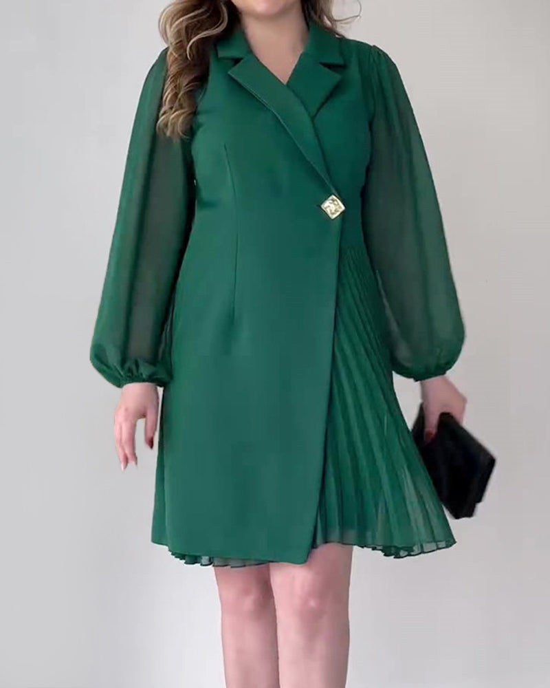Solid Color Lapel Pleated Blazer Dress - Green L-