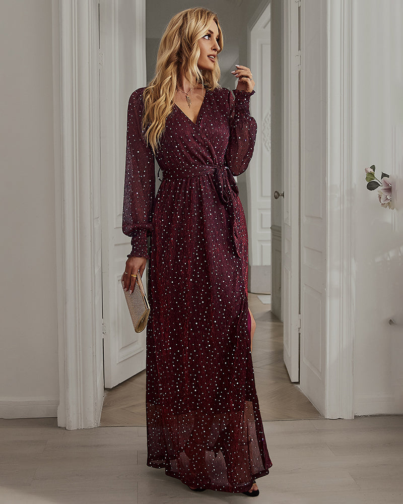 V-neck High Split Long Evening Dress with Belt - Wine Red L-