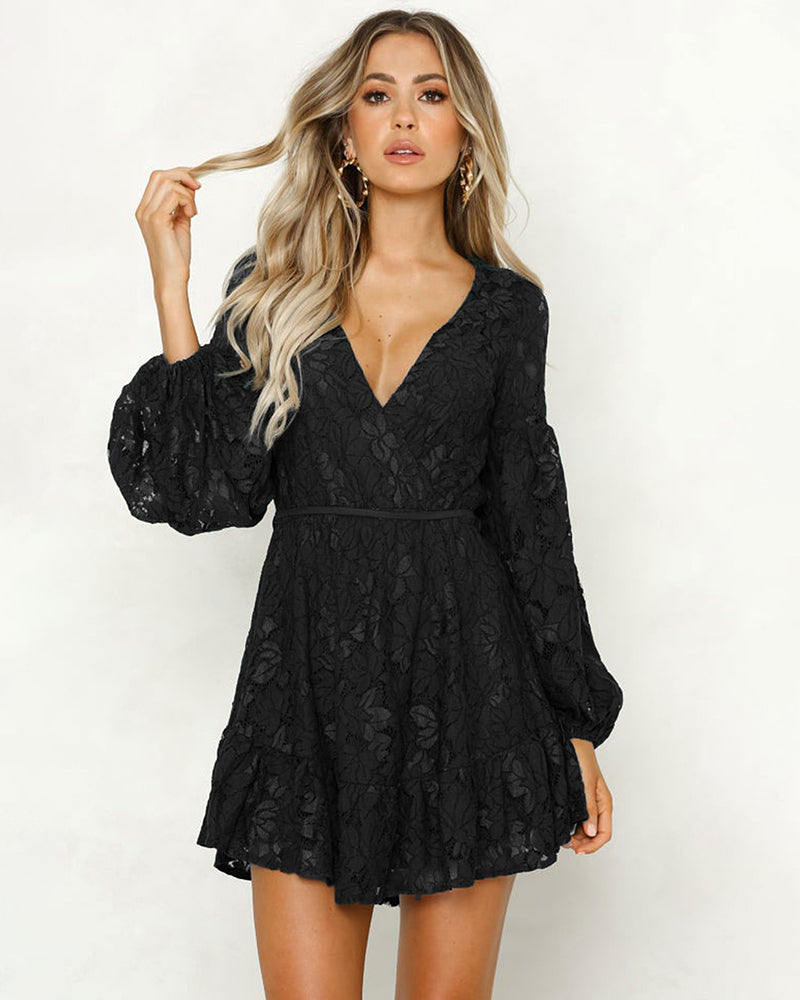 Lace Dress Deep V Floral Long Sleeve Cocktail Swing Dress - Black