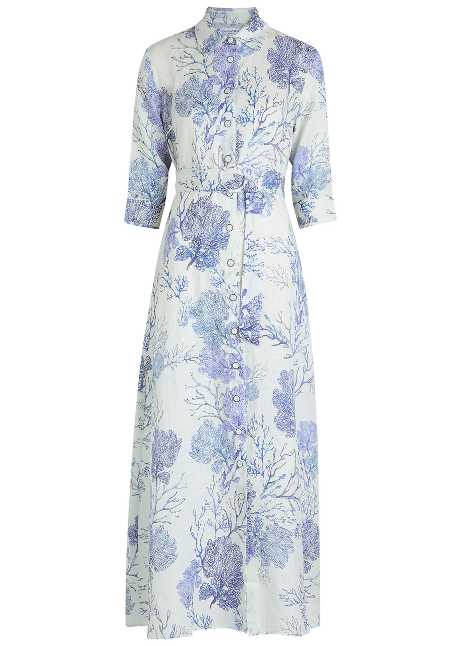 Evi Grintela Valerie Printed Linen Maxi Shirt Dress - White And Blue - S - S