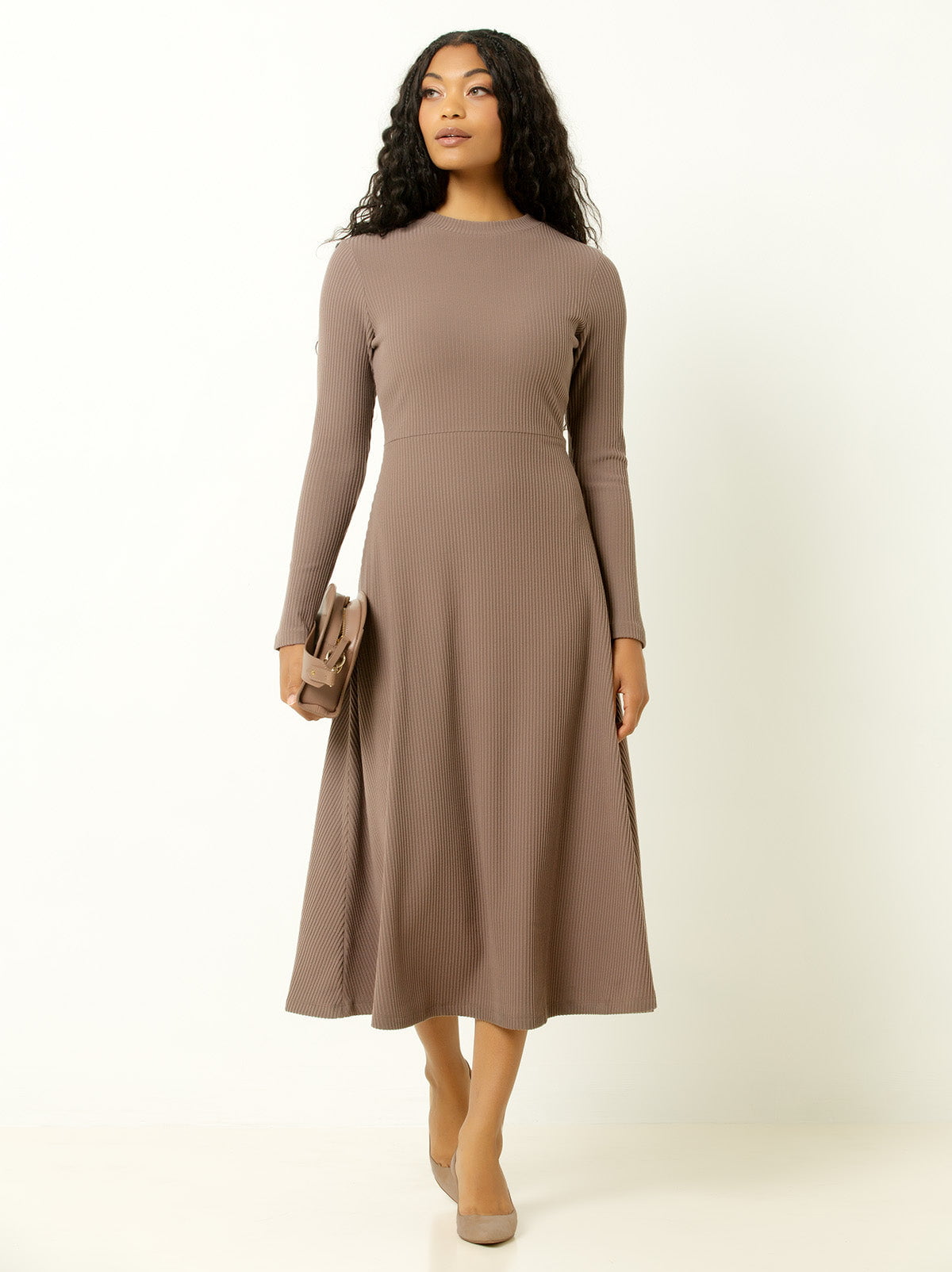 Single Stitch Ribbed Midi Dress, Deep Taupe Medium