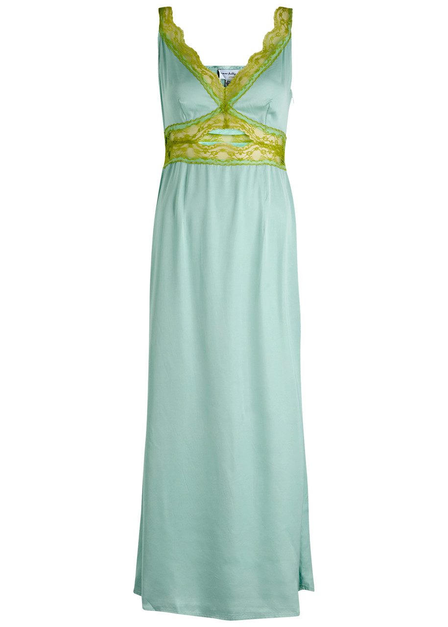 Never Fully Dressed Mimi Lace-trim Satin Midi Dress - Blue -