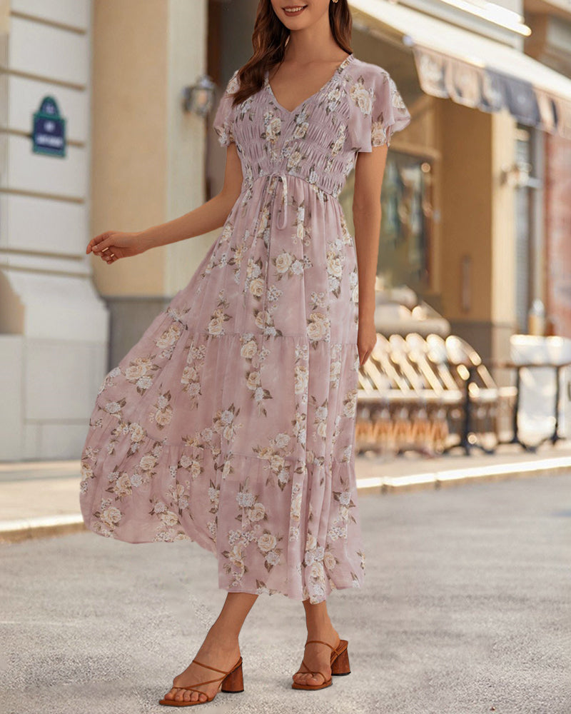 V Neck Short Sleeves Smocked Tiered Mauve Floral Maxi Dress - Purple