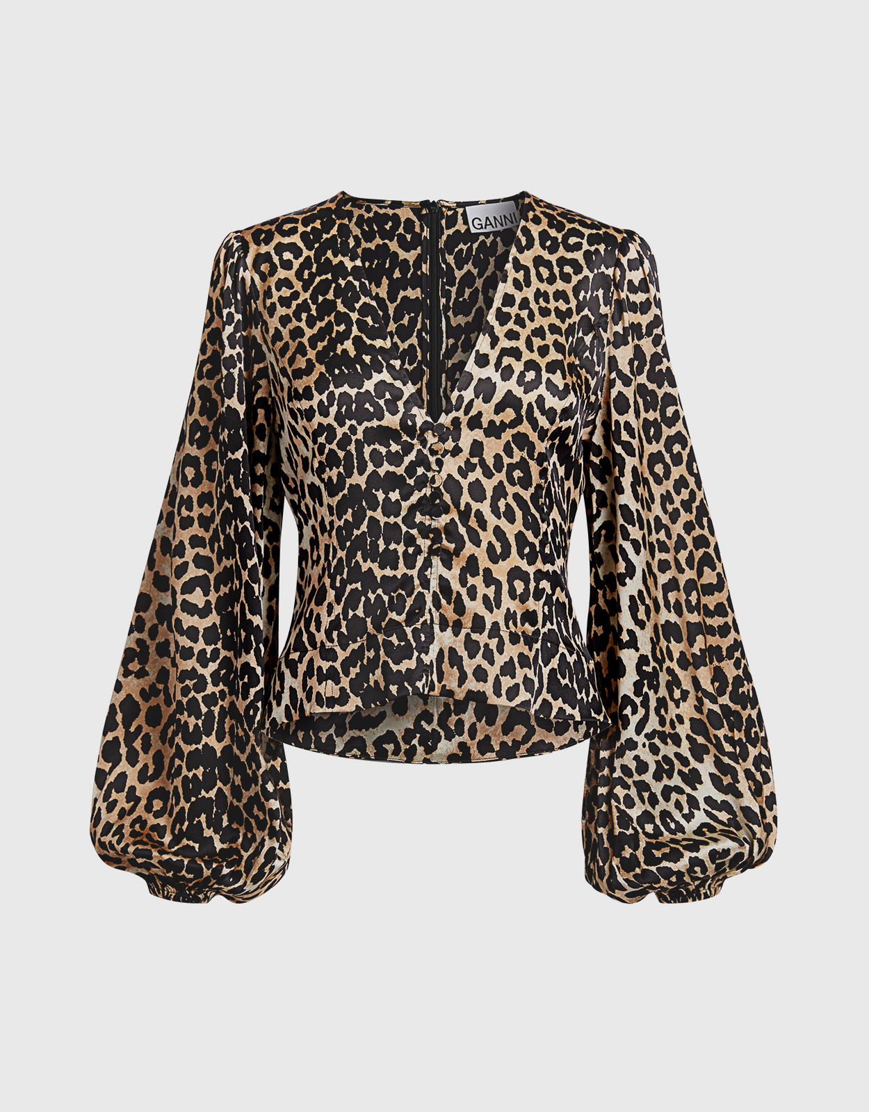 Ganni Leopard Print V-neck Silk-blend Satin Blouse - FR