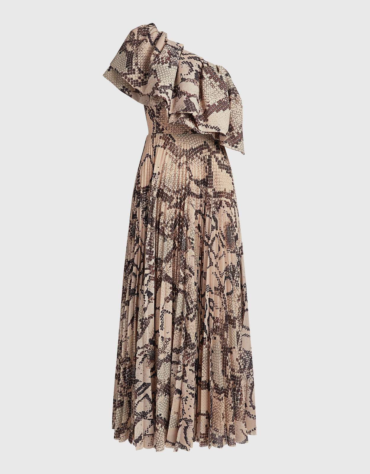 Solace London Rosa One-shoulder Snake Print Ruffle Pleated Maxi Dress -