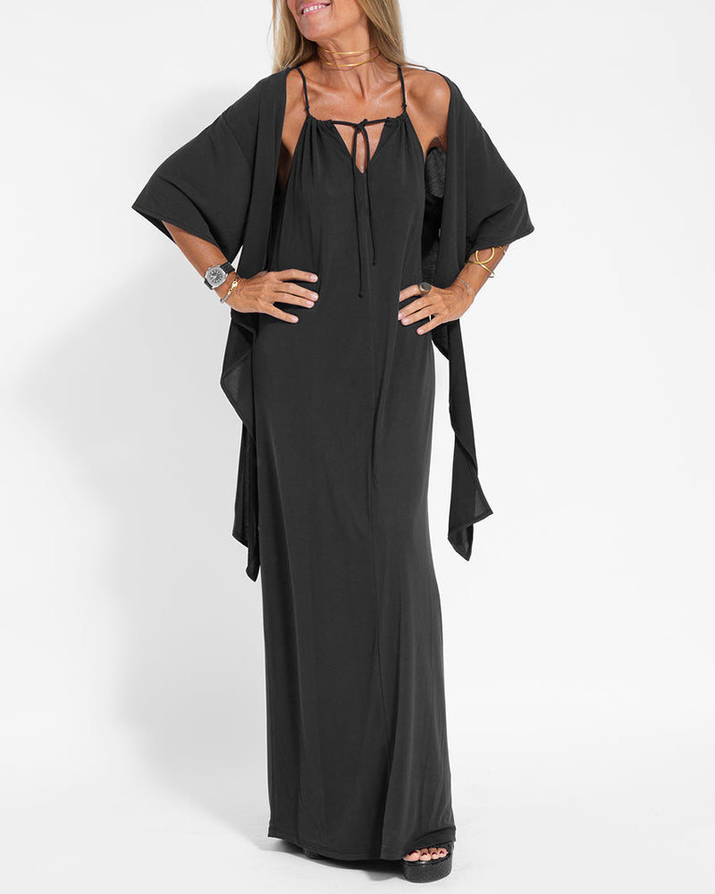 Two-piece Halterneck Tie Sleeveless Long Dress and Irregular Cardigan Set - Black S