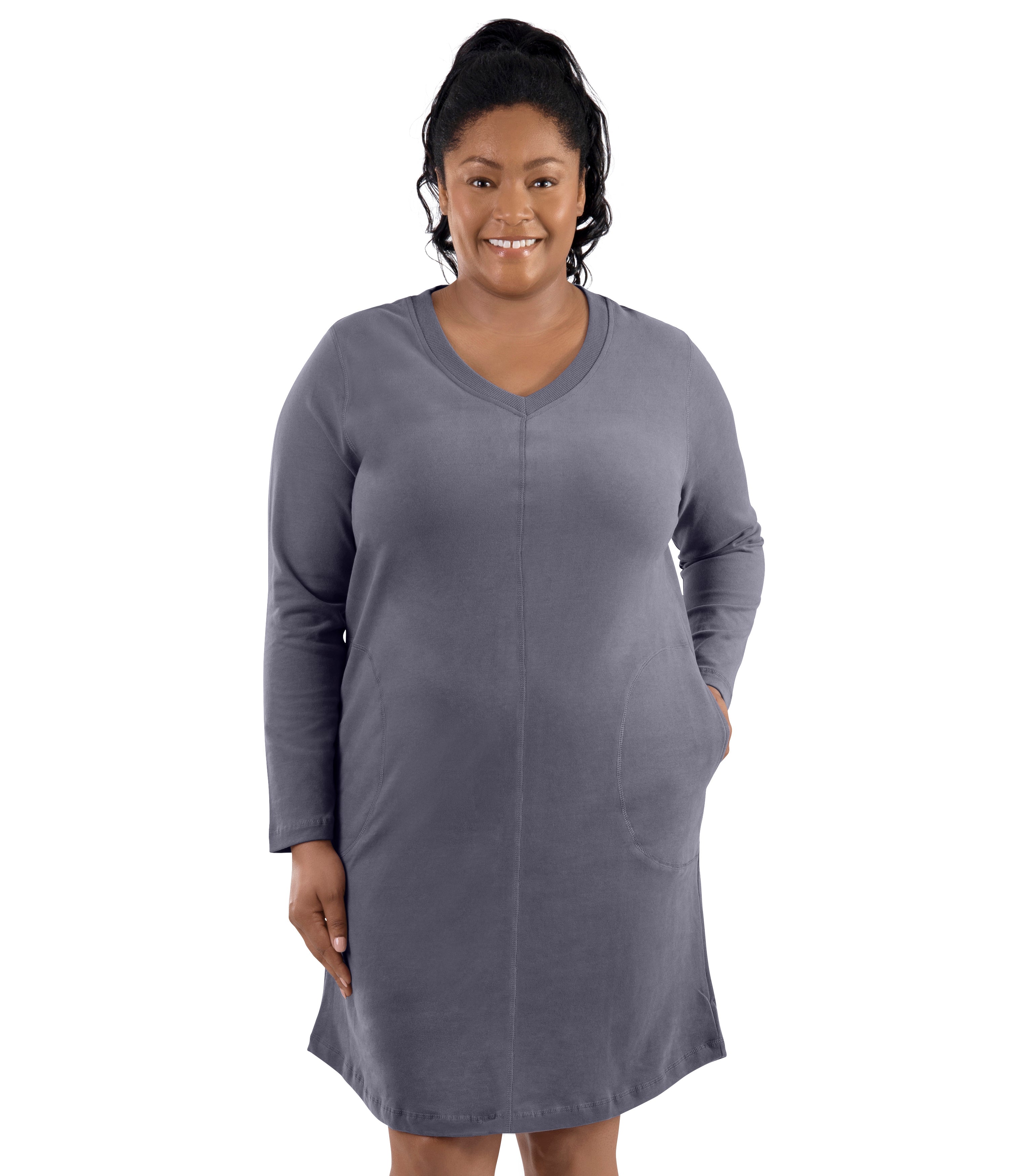 Legacy Cotton Casual Pocketed Long Sleeve Dress Classic Colors - FINAL SALE, X Misty Grey